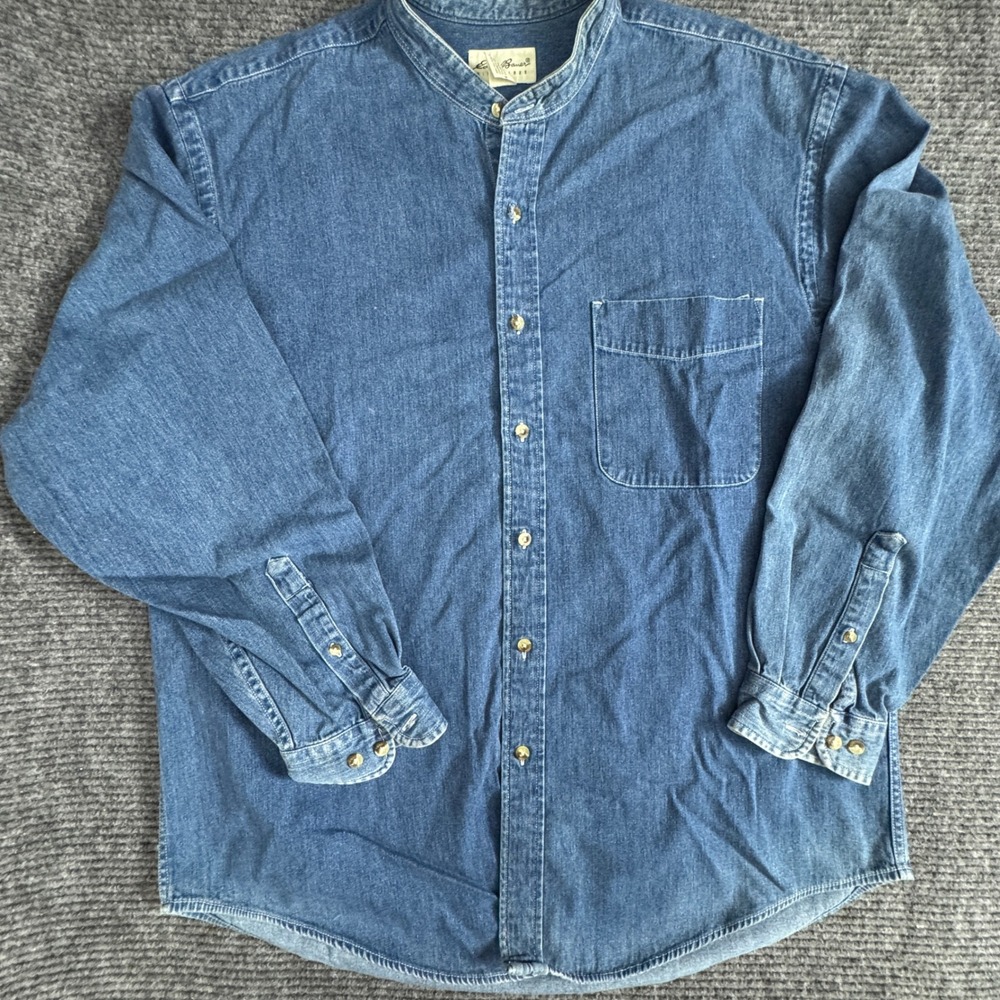 Vintage 90s Eddie Bauer Mens L Denim Shirt Band Collar Workwear Grandad